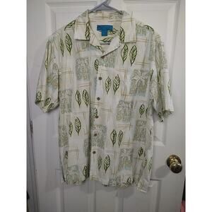 Paradise Blue Men's L Shirt Collared Button Hawaiian Palm Leaf Short Sleeve...